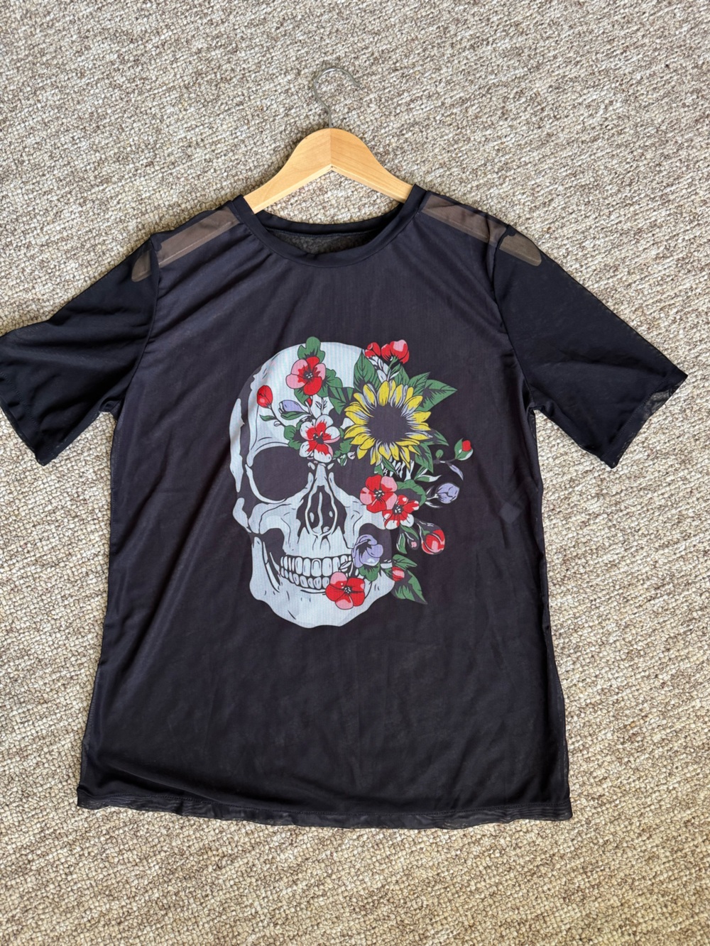Black Mesh Tee with Floral Skull Graphic L